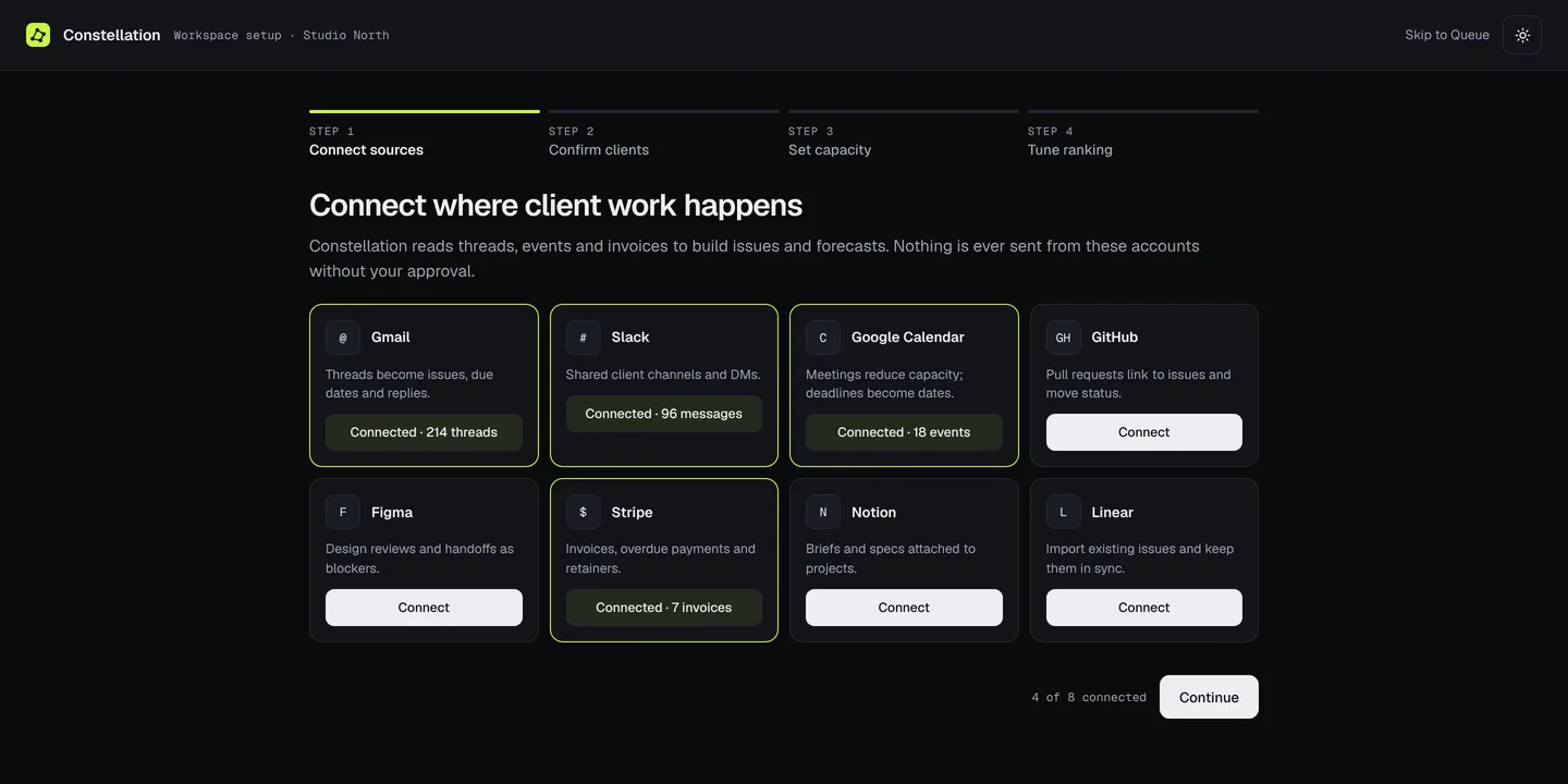 Setup, step one: connect sources like Gmail, Slack, Google Calendar and Stripe