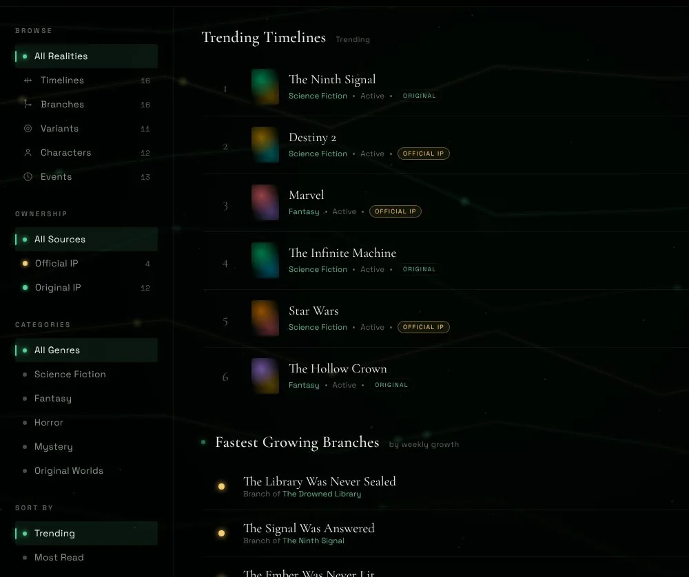 Explore screen: faceted filters with counts beside trending timelines