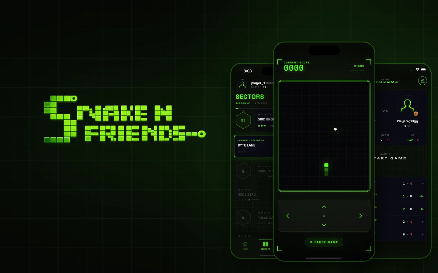 The Snake n Friends pixel logo beside three phone screens: the sector map, a game grid with the snake and a core, and a head-to-head arena with game history