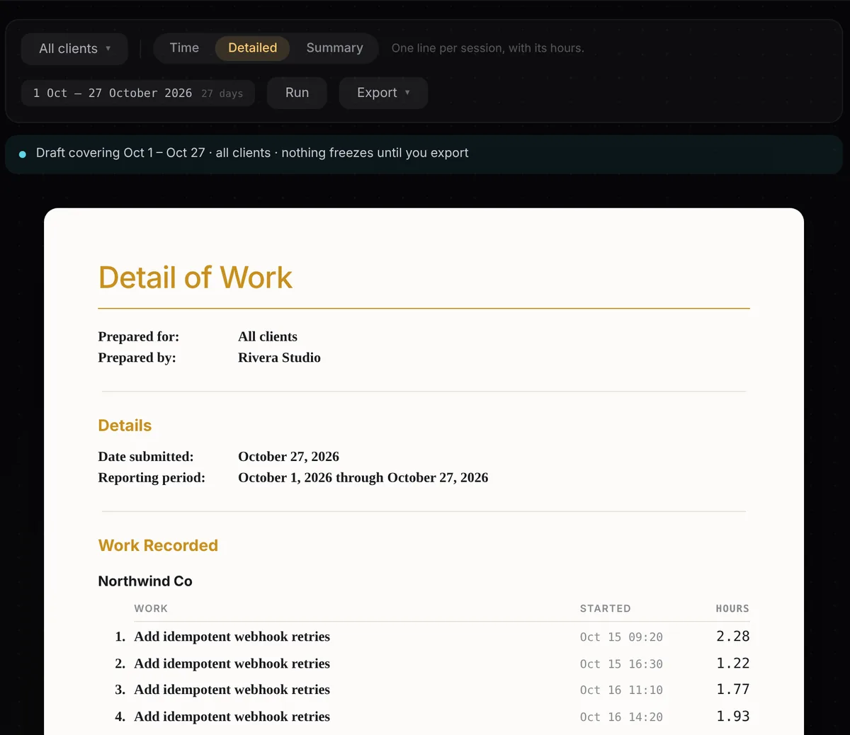 Detail of Work report: every session listed under its client